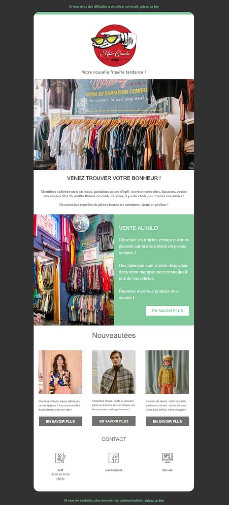graphiste freelance nancy - Emailing fait à partir de sarbacane reprenant les codes d'un emailing, avec boutons, images, et courts textes explicatifs, créé par Mogo graphiste. v