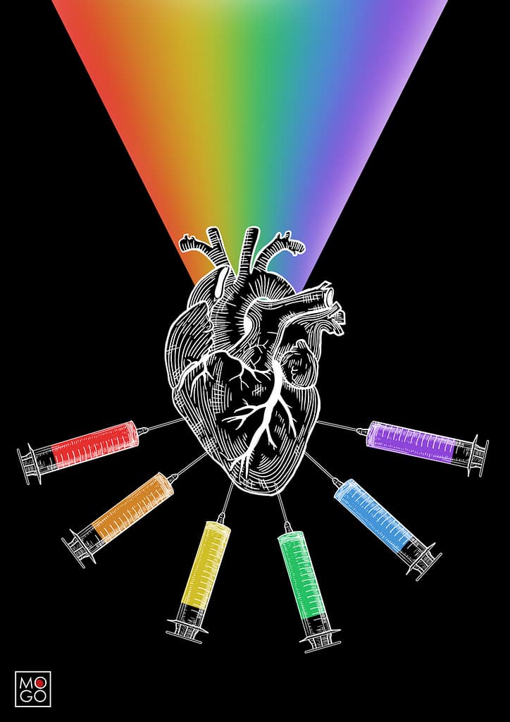 Illustration coeur anatomique arc en ciel gravure