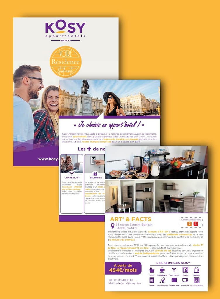 Brochure en plusieurs pages créée par Mogo graphiste réalisée pour promouvoir un appart hotel. Utilise le formulaire de contact pour contacter Mogo !
