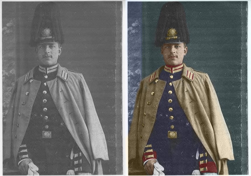 colorisation faite par Mogo Graphiste d'une ancienne photo en noir et blanc en respectant les couleurs de l'uniforme