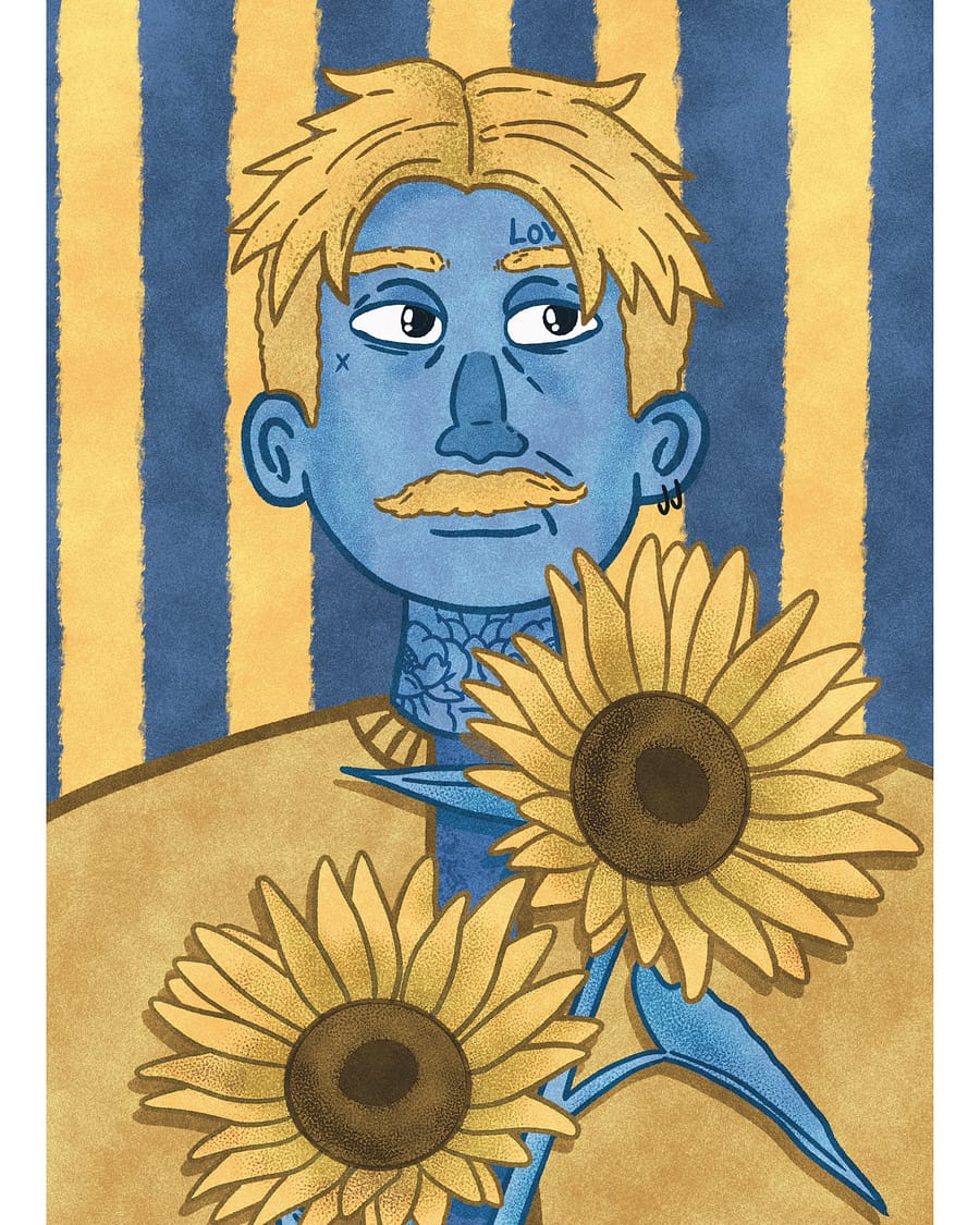 Affiche garçon aux tournesols illustration expressive colorée